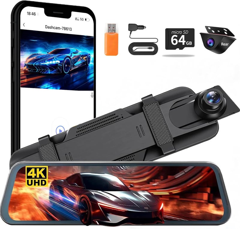 QOZ Mirror Dual Dash Camera for Car, Dashcam 4K Front 1080P IMX307 Rear View/ADAS BSD LCA Wi-Fi&APP WDR Night Vision G-Sensor Loop Recording Parking Monitor 64GB Card - Image 1